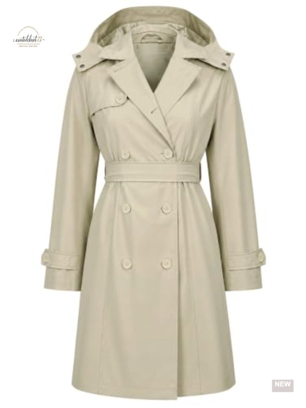 Womens Double Breasted Trench Coat Detachable Hood Belted Water Repellent